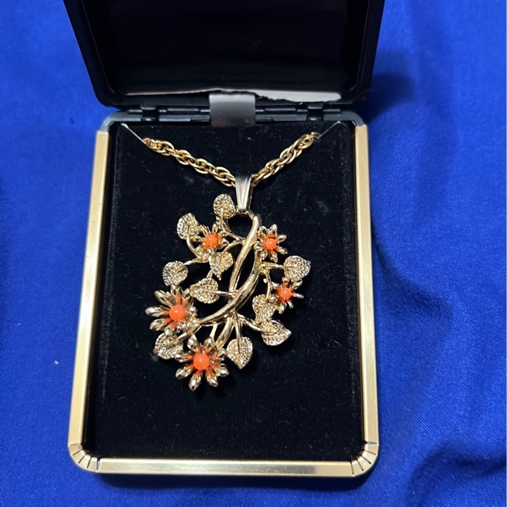 Gold-Tone Floral Pendant Necklace with Orange Accents